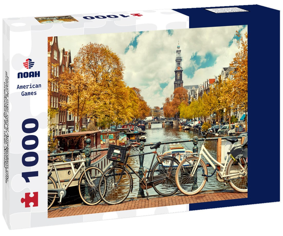 Noah Jigsaw Puzzle bicycle over canal Amsterdam city. Scenic landscape in the Netherlands overlooking the river Amstel 1000 pieces