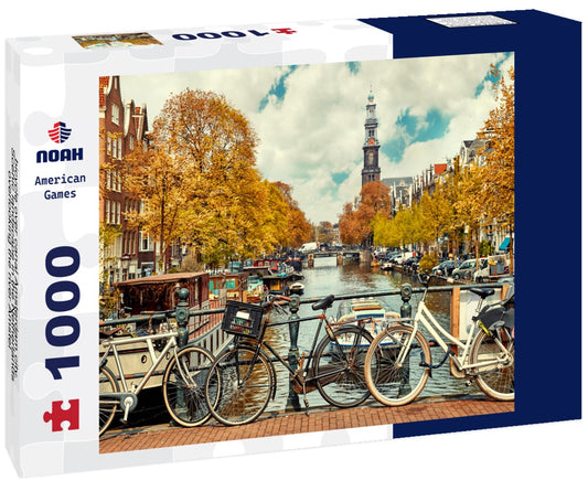 Noah Jigsaw Puzzle bicycle over canal Amsterdam city. Scenic landscape in the Netherlands overlooking the river Amstel 1000 pieces