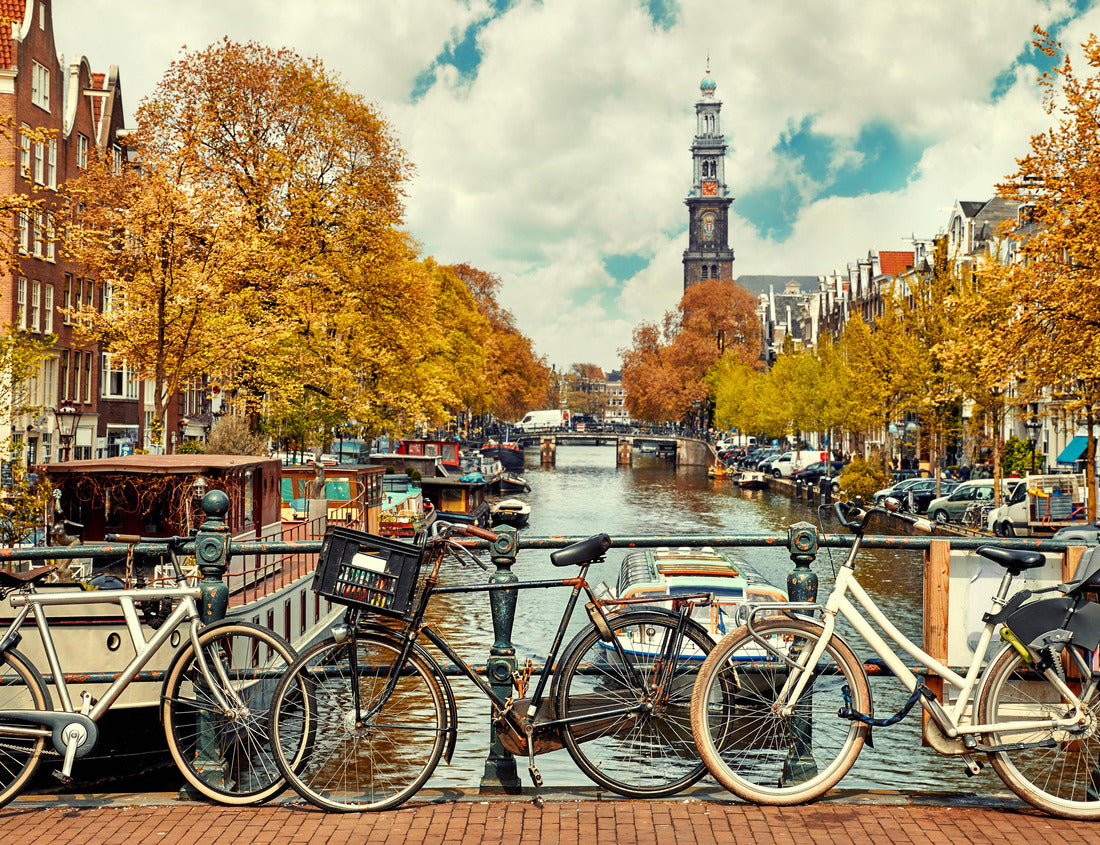Noah Jigsaw Puzzle bicycle over canal Amsterdam city. Scenic landscape in the Netherlands overlooking the river Amstel 1000 pieces