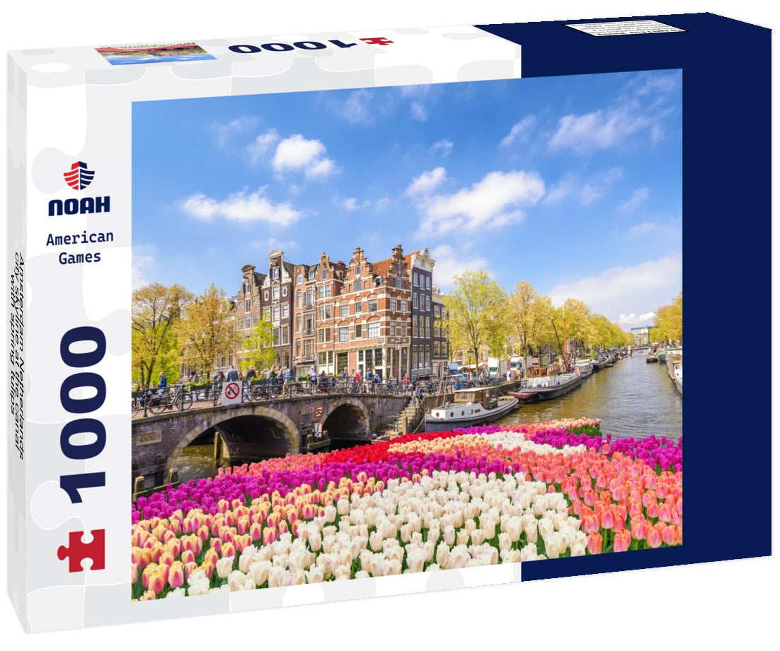 Noah Jigsaw Puzzle Amsterdam Netherlands, city skyline at the canal with spring tulips 1000 pieces