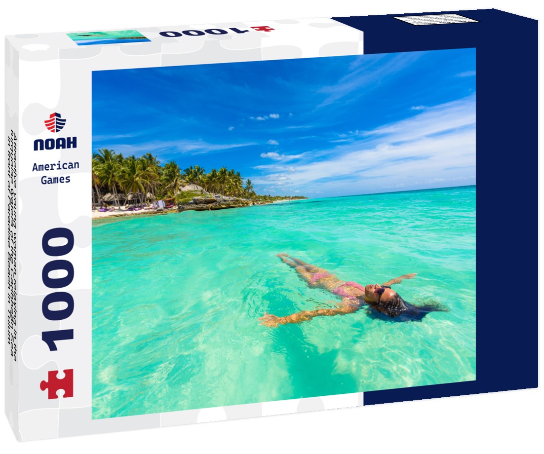 Noah Jigsaw Puzzle Attractive young woman relaxing in the turquoise waters of the Caribbean Sea in front of Paradise Beach in Tulum, near Cancun, Riviera Maya, Mexico 1000 pieces