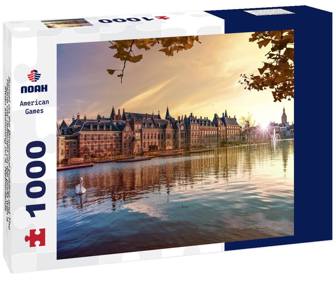 Noah Jigsaw Puzzle Sunset on the Binnenhof building and The Hague city reflected on the pond with a swan swimming on it, Netherlands 1000 pieces