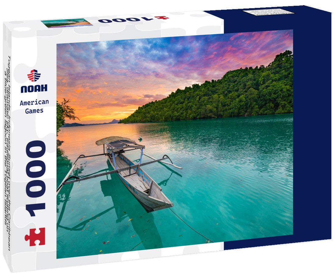 Noah Jigsaw Puzzle Togean Islands, Indonesia Sunset over the Caribbean Sea, dramatic sky, traditional boat floating on a blue-green lagoon in the Togean Islands, Sulawesi, travel destination in Indonesia 1000 pieces