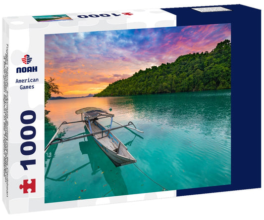 Noah Jigsaw Puzzle Togean Islands, Indonesia Sunset over the Caribbean Sea, dramatic sky, traditional boat floating on a blue-green lagoon in the Togean Islands, Sulawesi, travel destination in Indonesia 1000 pieces