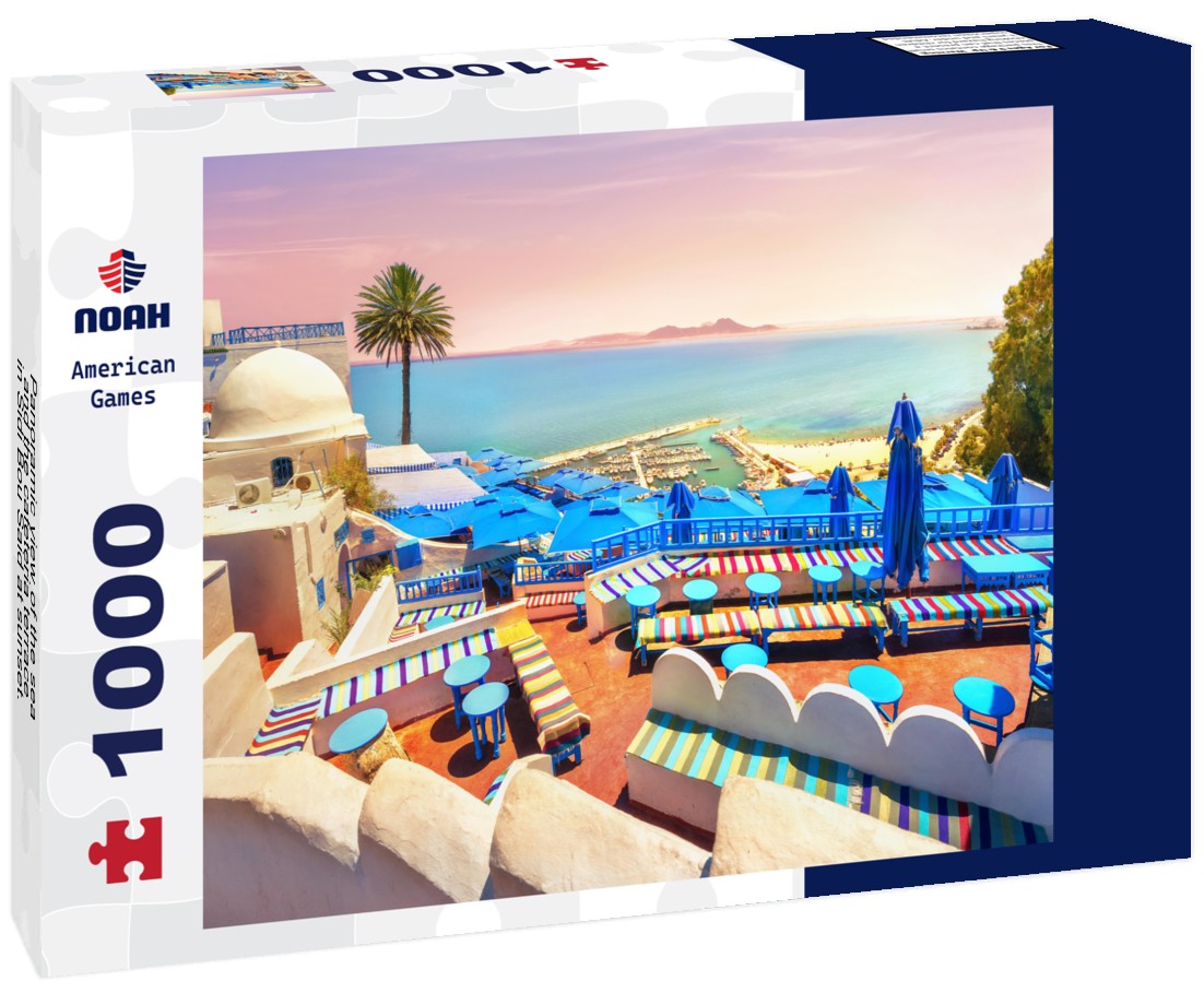 Noah Jigsaw Puzzle Panoramic view of the sea and the cafeteria terrace in Sidi Bou Said at sunset. Tunisia 1000 pieces