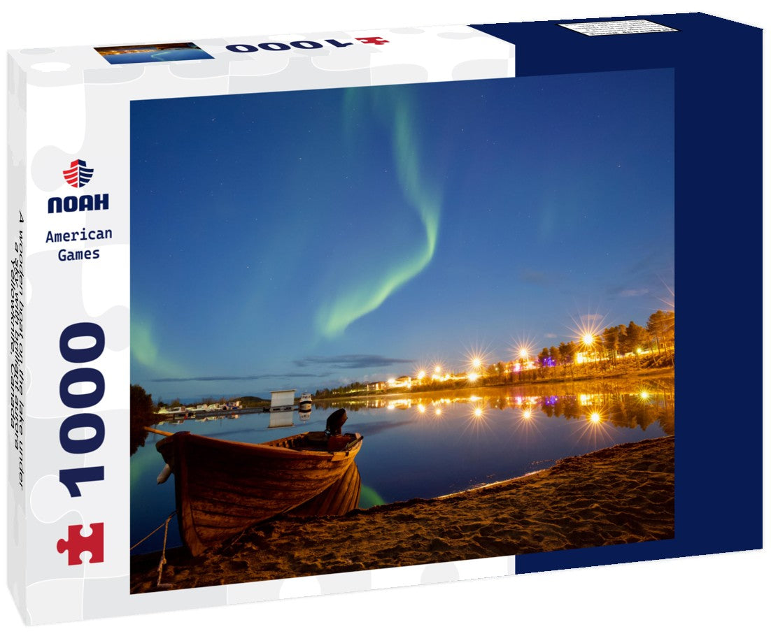 Noah Jigsaw Puzzle A wooden boat on the lake under a sky with brilliant aurora, Yellowknife, Canada 1000 pieces
