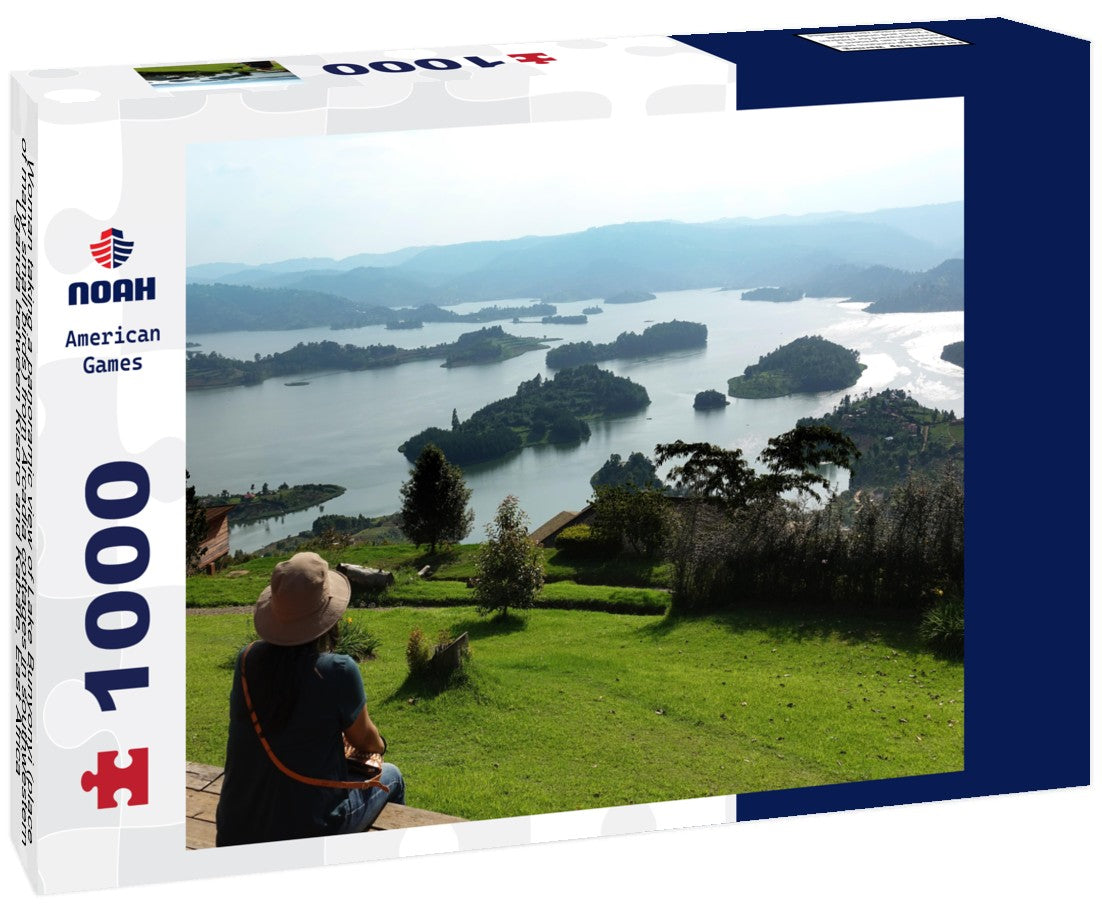 Noah Jigsaw Puzzle Woman taking a panoramic view of Lake Bunyonyi (place of many small birds) from Arcadia cottages in southwestern Uganda between Kisoro and Kabale, East Africa 1000 pieces