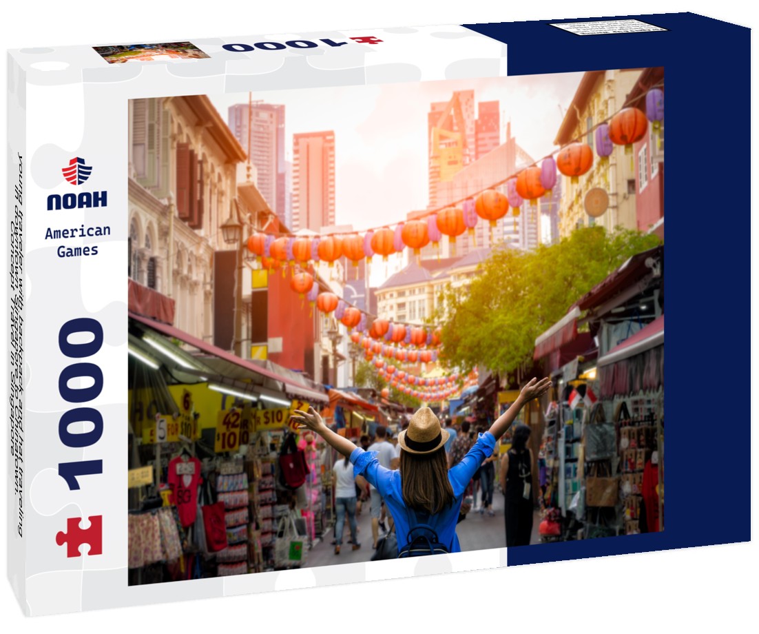 Noah Jigsaw Puzzle young traveler with backpack and hat traveling in downtown Singapore to Chinatown. Concept Travel in Singapore 1000 pieces