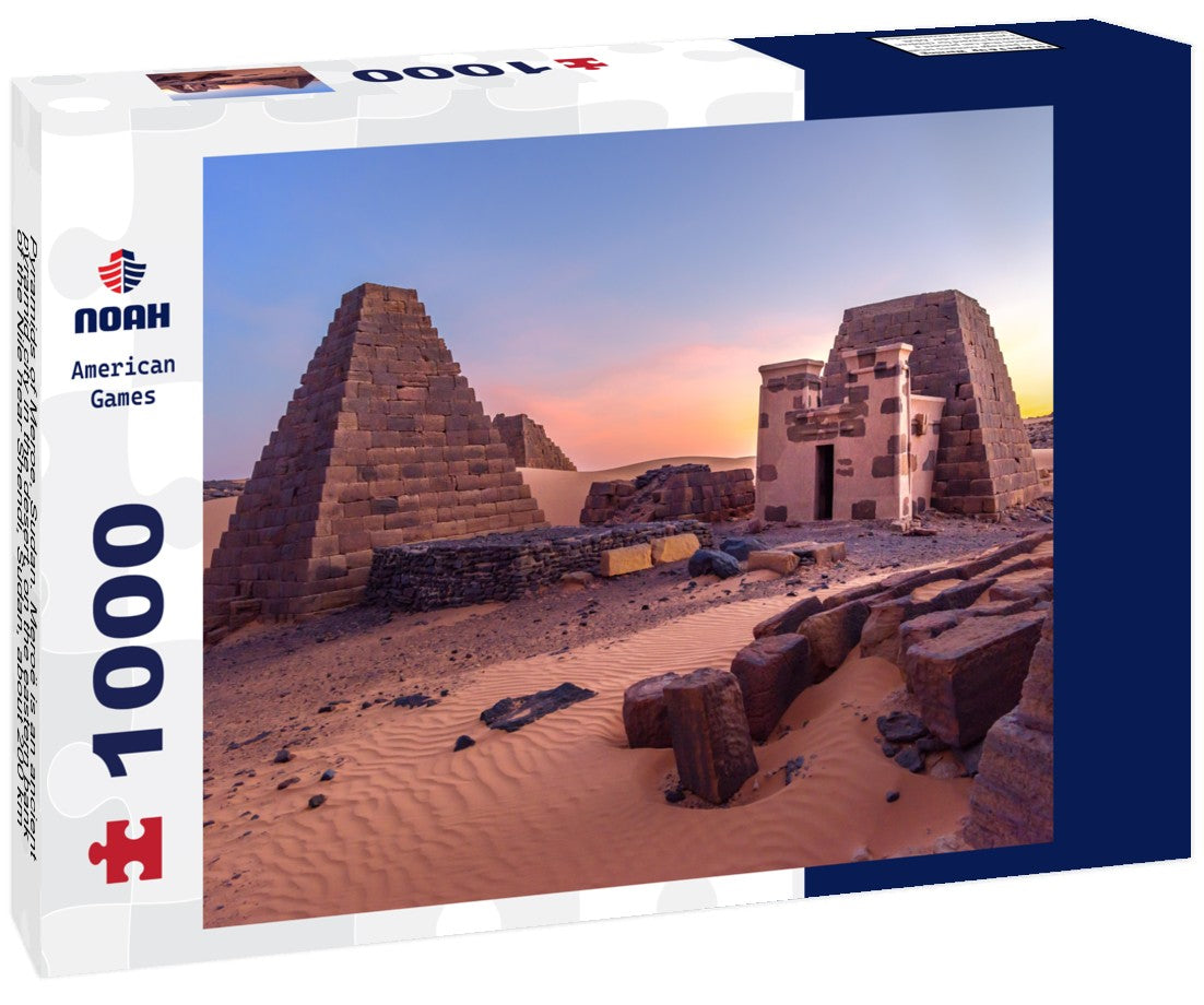 Noah Jigsaw Puzzle Pyramids of Meroe, Sudan. Meroë is an ancient pyramid city in the desert, on the eastern bank of the Nile near Shendi, Sudan, about 200 km northeast of Khartoum in the desert 1000 pieces