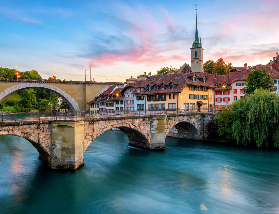 Noah Jigsaw Puzzle Historic Old Town of Bern, tiled roofs, bridges over the Aare River and church steeple on dramatic sunset, Switzerland 1000 pieces