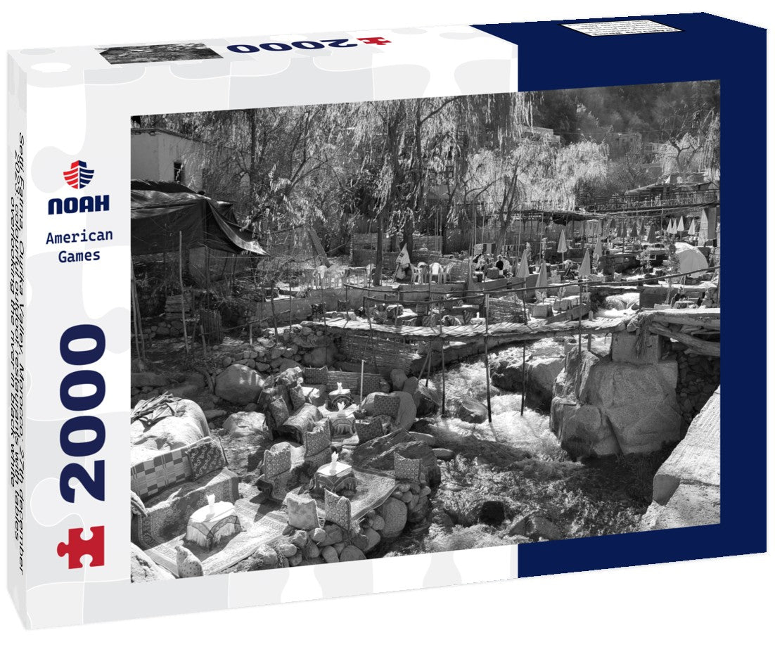 Noah Jigsaw Puzzle Setti Fatma, Ourika Valley, Morocco; 27th december 2023: colourful outdoor restaurants with tables overlooking the river in black white 2000 pieces