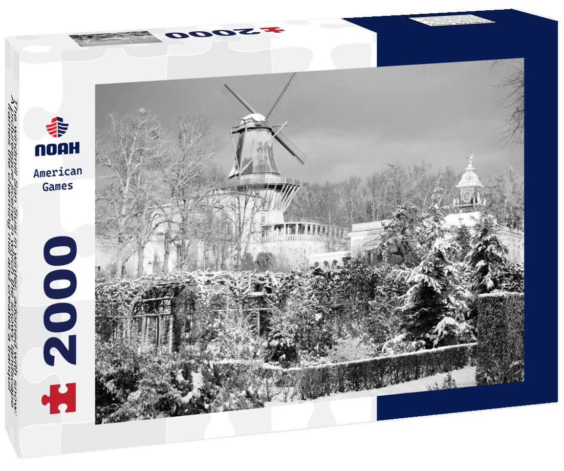 Noah Jigsaw Puzzle The windmill San Susi in winter, adorned with snow: A picturesque scene in which the snowy landscape frames the charming mill and creates a tranquil winter atmosphere. in black white 2000 pieces