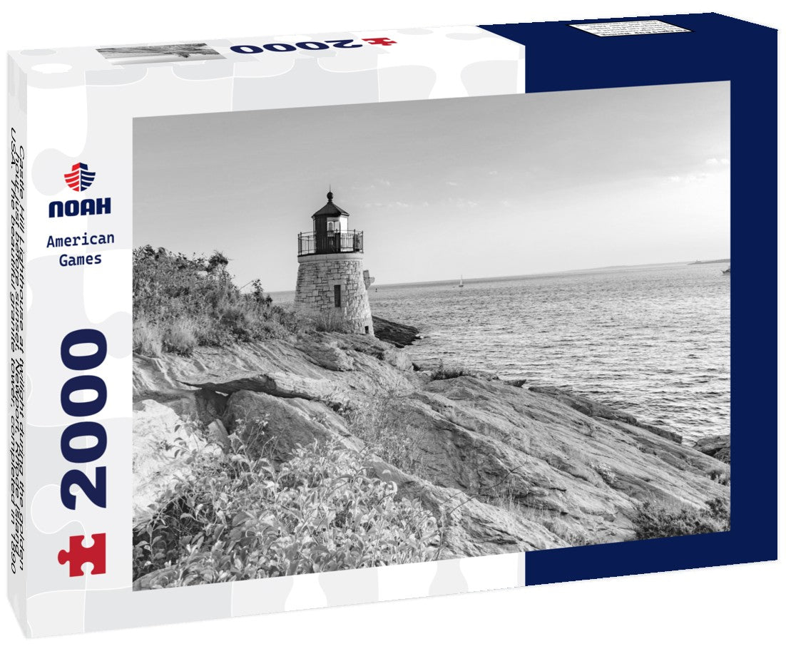 Noah Jigsaw Puzzle Castle Hill Lighthouse at twilight during the golden hour just before sunset, Newport, Rhode Island, USA. The beautiful granite tower, completed in 1890, is built right into the cliff in black white 2000 pieces