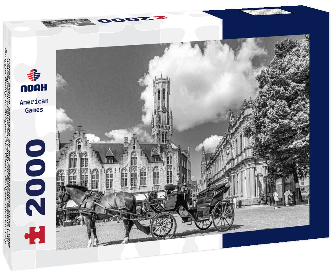 Noah Jigsaw Puzzle Horse-drawn carriage on the cobblestone Burg Platz, medieval buildings and belfry of Bruges Belfort van Brugge Belfry in Bruges Old Town, Bruges historic city center, Flemish Region, Belgium in black white 2000 pieces