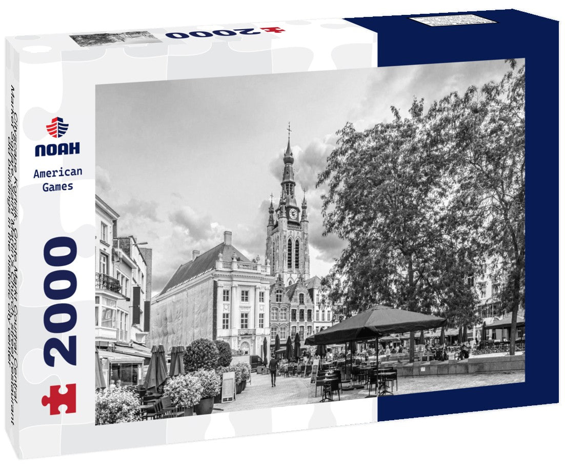 Noah Jigsaw Puzzle Cityscape Kortrijk, Grote Markt Courtrai Central Market Square, Saint Martin's Church, street restaurant, old buildings in the historic city center, old town Kortrijk, West Flanders Province, Belgium in black white 2000 pieces