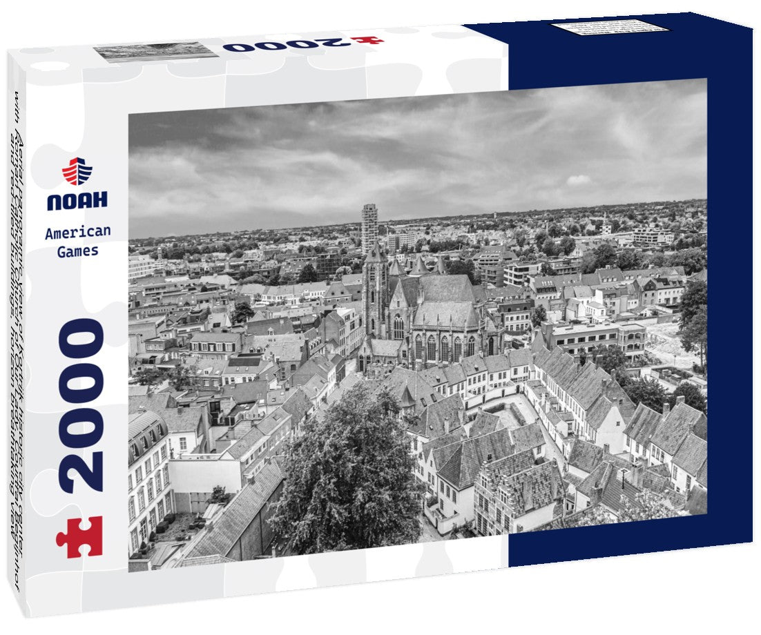 Aerial Kortrijk historic city center with Roman Catholic Church of Our Lady, Courtrai Begijnhof and red-tiled buildings, horizon breathtaking view, West Flanders province, Belgium 2000pc PuzzleBlack and White