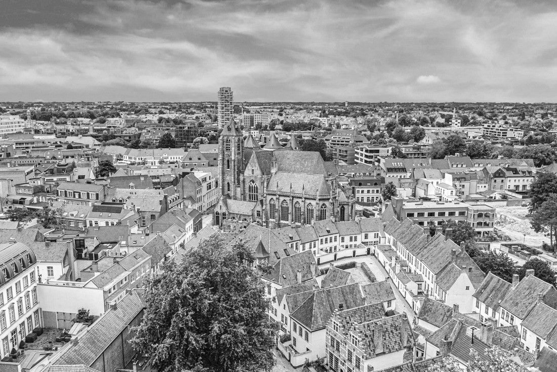Aerial Kortrijk historic city center with Roman Catholic Church of Our Lady, Courtrai Begijnhof and red-tiled buildings, horizon breathtaking view, West Flanders province, Belgium 2000pc PuzzleBlack and White