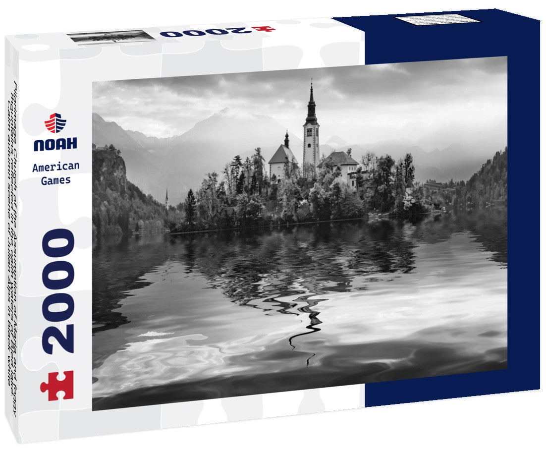 Noah Jigsaw Puzzle Pilgrimage Church of the Assumption of Maria and foggy mountains reflected in the calm waters of Bled lake. Calm autumn scene of Julian Alps in black white 2000 pieces