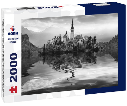 Noah Jigsaw Puzzle Pilgrimage Church of the Assumption of Maria and foggy mountains reflected in the calm waters of Bled lake. Calm autumn scene of Julian Alps in black white 2000 pieces