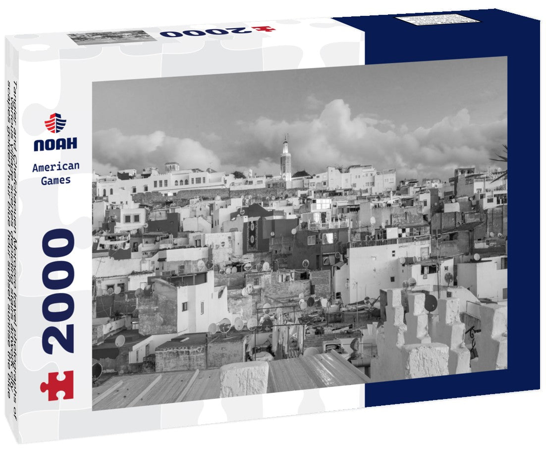 Tangier and Chefchaouen Morocco travel photographs of various village scenes depicting stairs artwork city scapes golden hour blue hour sunset sunrise the blue city with blue painted walls hearts 2000pc PuzzleBlack and White