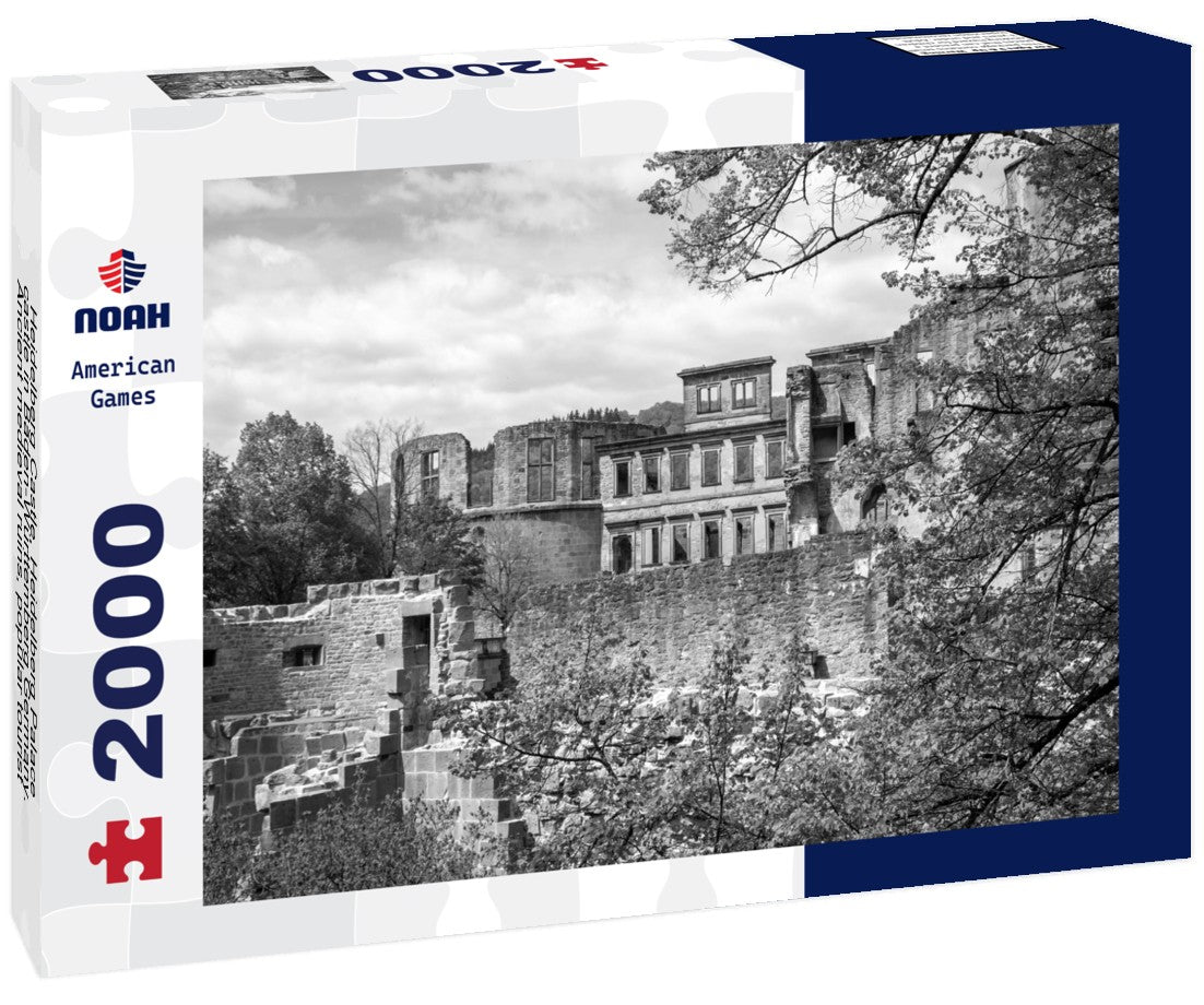 Noah Jigsaw Puzzle Heidelberg Castle, Heidelberg Palace, castle in Baden-Württemberg Germany. Ancient medieval ruins, popular tourist site, nature, cloudy sky in black white 2000 pieces