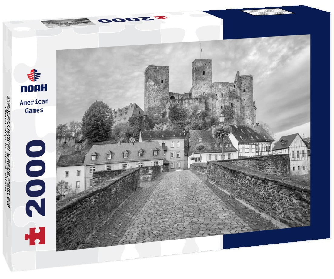 Noah Jigsaw Puzzle View of Runkel Castle from old stone bridge in Runkel, Hesse, Germany in black white 2000 pieces