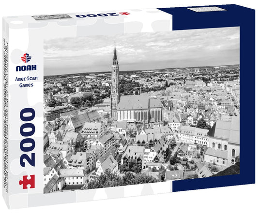 Noah Jigsaw Puzzle Panoramic view, as the crow flies Landshut in Bavaria. St. Martin's Cathedral, Martinskirch in the old town and cathedrals, architecture, house roofs, streets and landscape, Landshut, Germany in black white 2000 pieces