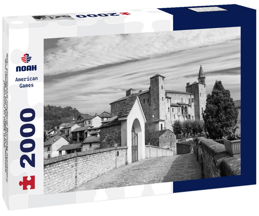 Noah Jigsaw Puzzle Italy. impressive medieval Bormida monastery and castle in the Asti region in Piedmont (Piemont) in black white 2000 pieces