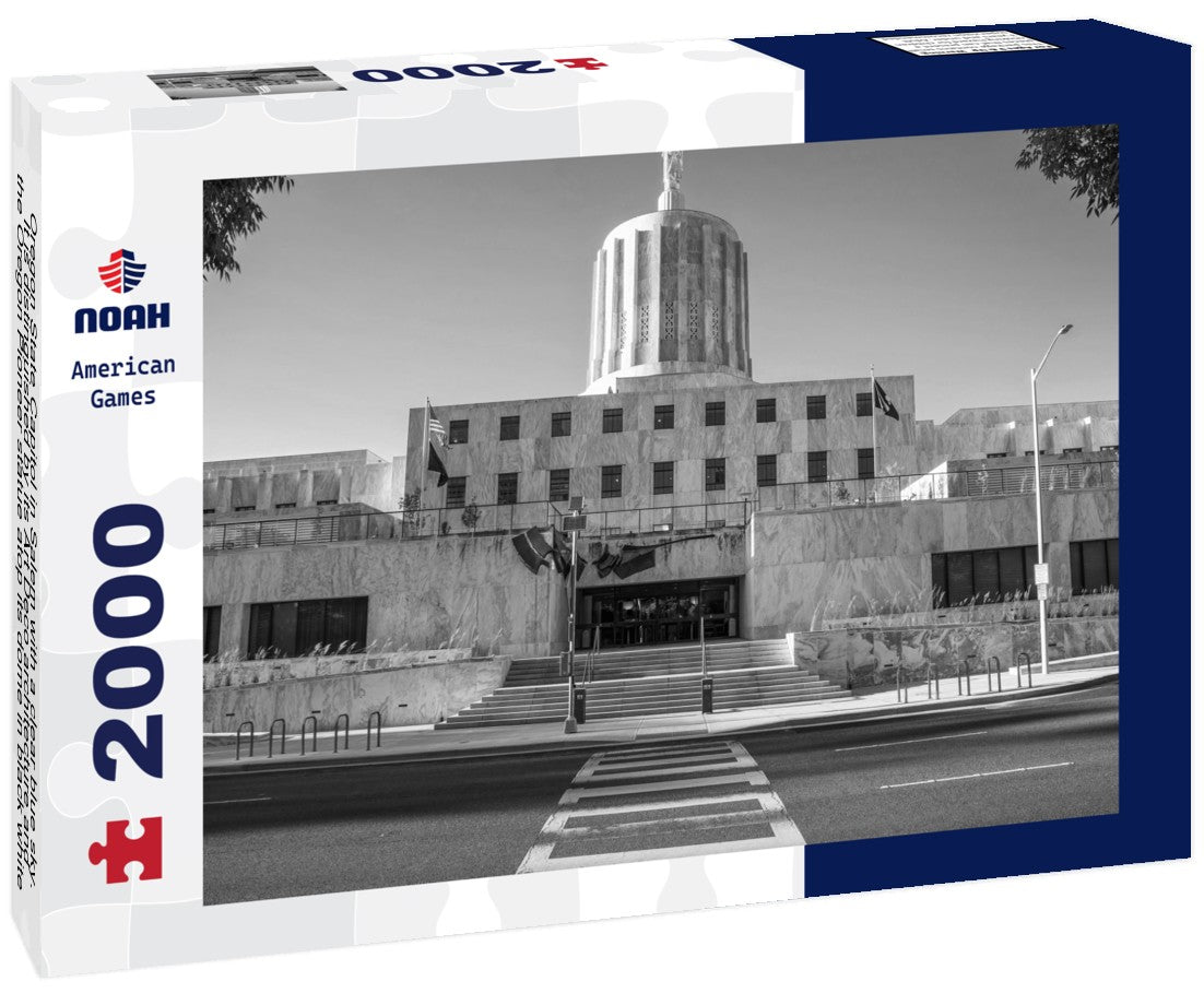Noah Jigsaw Puzzle Oregon State Capitol in Salem with a clear blue sky. It is distinguished by its Art Deco architecture and the Oregon Pioneer statue atop its dome in black white 2000 pieces