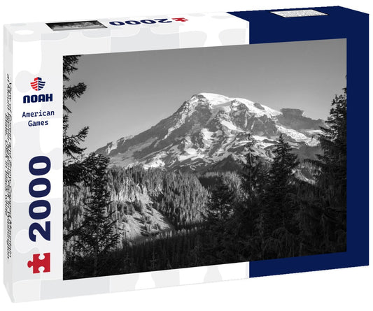 Noah Jigsaw Puzzle View of Forest and Snow Capped Mountain at Mount Rainier National Park in Washington State, USA in black white 2000 pieces