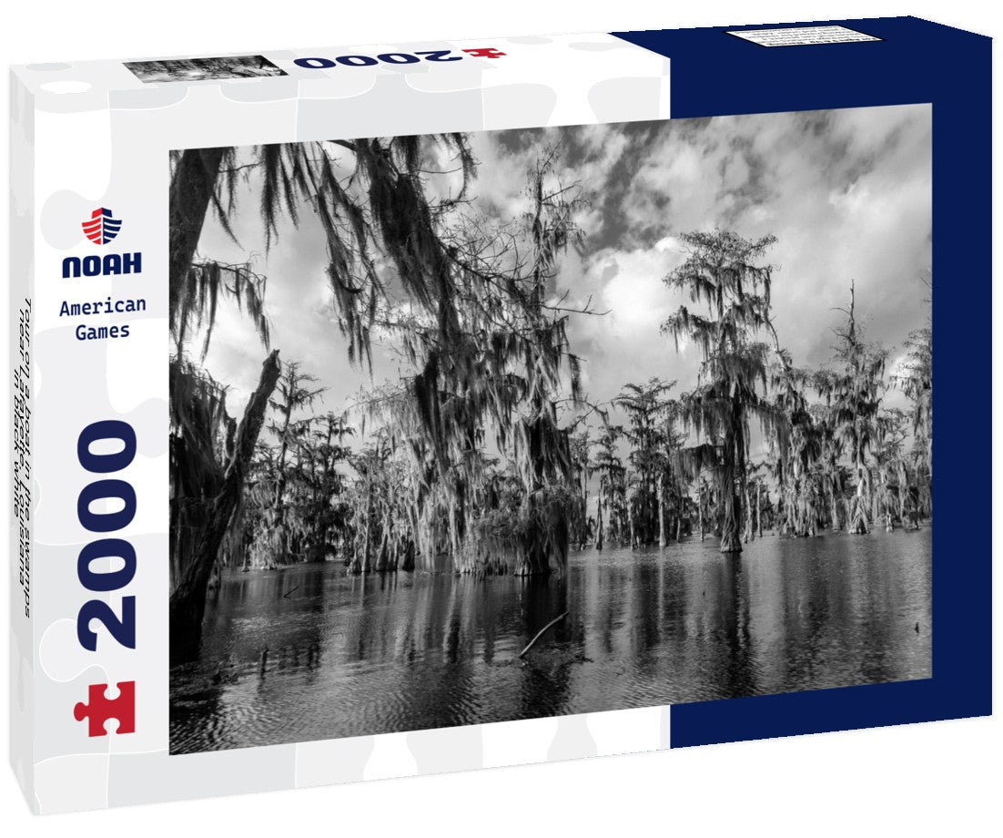 Noah Jigsaw Puzzle Tour on a boat in the swamps near Lafayette, Louisiana in black white 2000 pieces