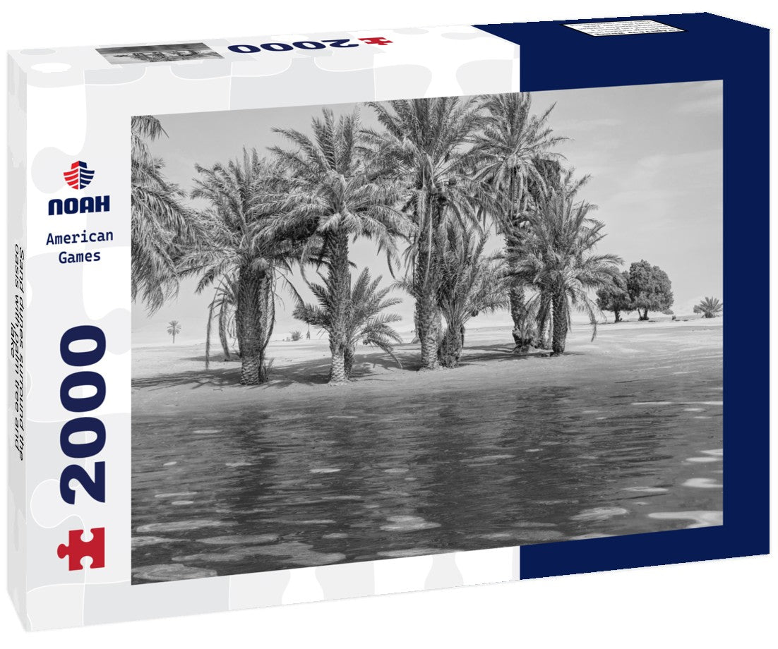 Noah Jigsaw Puzzle Sand dunes surround the oasis with palm tree and lake - Sahara, Morocco in black white 2000 pieces