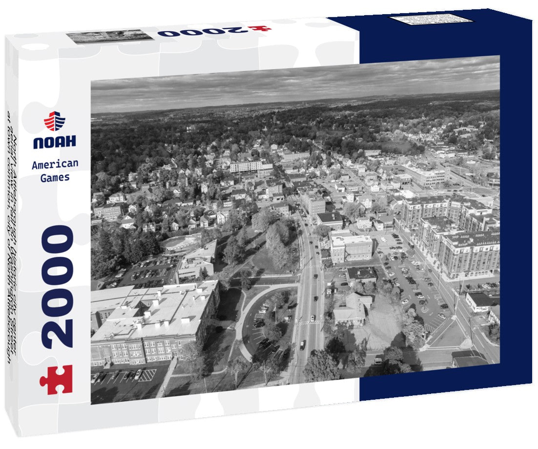 Noah Jigsaw Puzzle North Attleborough historic city center aerial view in fall on Washington Street at town common, city of North Attleborough, Massachusetts MA in black white 2000 pieces