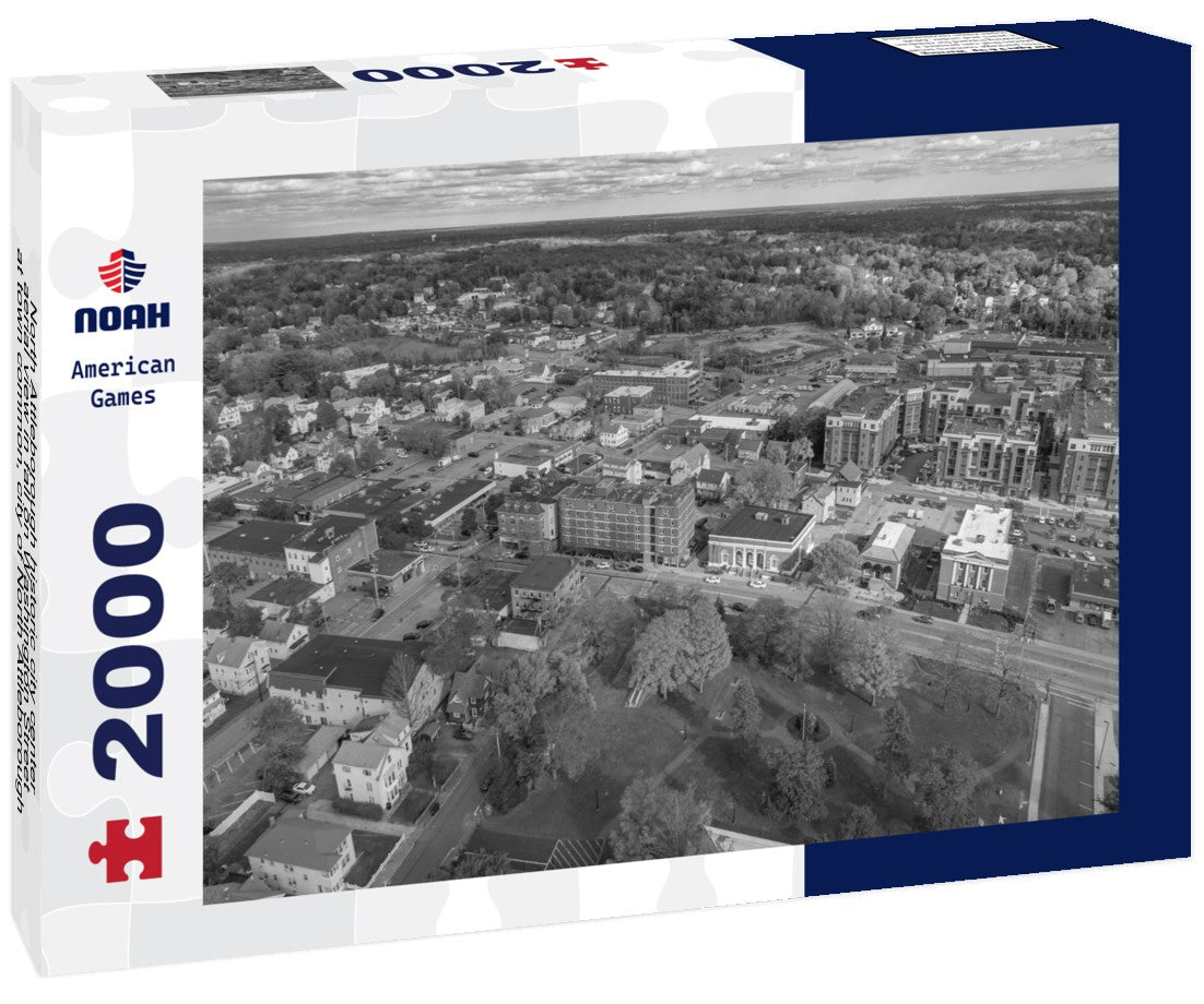 Noah Jigsaw Puzzle North Attleborough historic city center aerial view in fall on Washington Street at town common, city of North Attleborough, Massachusetts MA in black white 2000 pieces