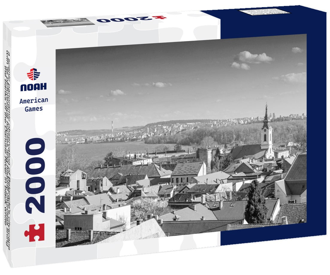 Noah Jigsaw Puzzle a scenic panoramic observation of Belgrade's cityscape, with its picturesque houses and historic churches lining the banks of the Danube River in black white 2000 pieces