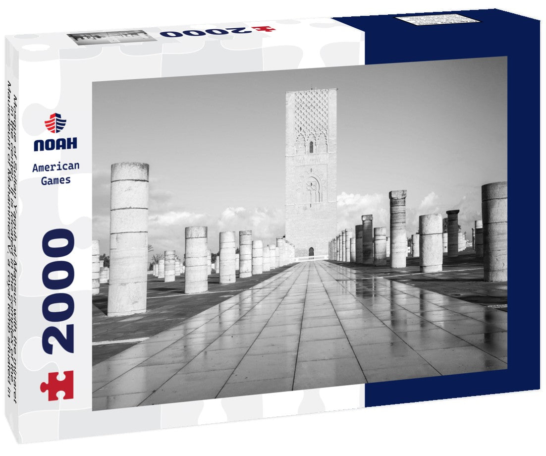 Noah Jigsaw Puzzle Mosque of Sultan Yaqub al-Mansur with the minaret in the center. It is located in the complex of the Mausoleum of Mohammed V, a royal tomb situated in Rabat, the capital of Morocco in black white 2000 pieces