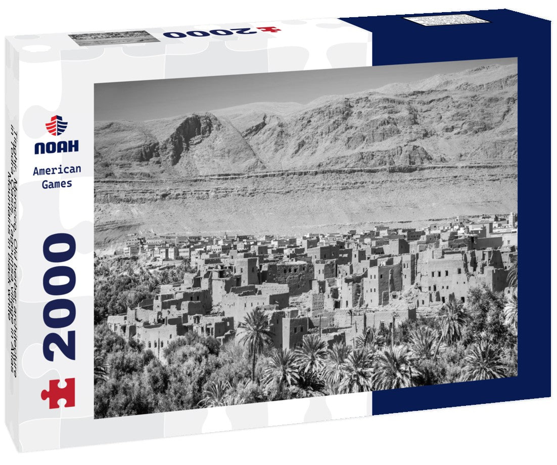 Noah Jigsaw Puzzle Tinghir, Morocco. Old berber architecture in Todra Oasis, Tagounsa village in Atlas Mountains in black white 2000 pieces