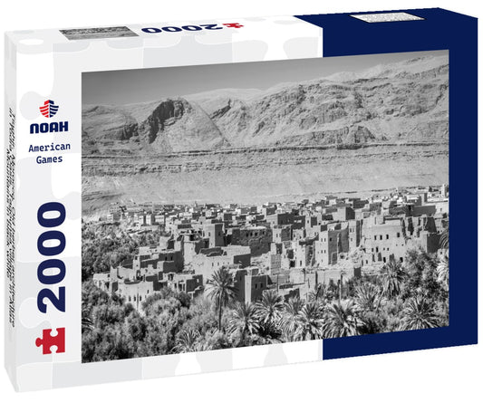 Noah Jigsaw Puzzle Tinghir, Morocco. Old berber architecture in Todra Oasis, Tagounsa village in Atlas Mountains in black white 2000 pieces