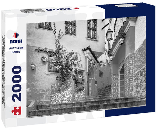 Noah Jigsaw Puzzle Chefchaouen, Morocco. Blue staircase and wall decorated with colorful flowerpots, Chefchaouen medina, North Africa travel destination in black white 2000 pieces