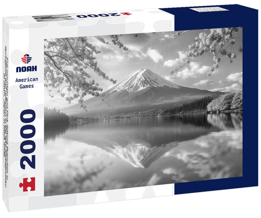 Noah Jigsaw Puzzle Fuji mountain and Pink Sakura Branches in Springtime and reflection in the lake Kawaguchiko at dawn, Japan in black white 2000 pieces