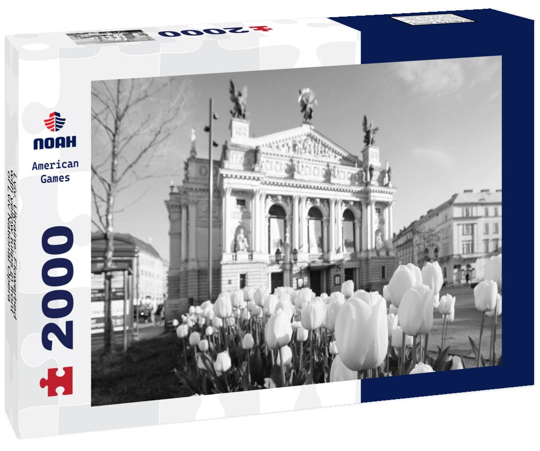 Noah Jigsaw Puzzle Lviv, Ukraine: Flowerbed with yellow tulips in front of Lviv National Opera in black white 2000 pieces