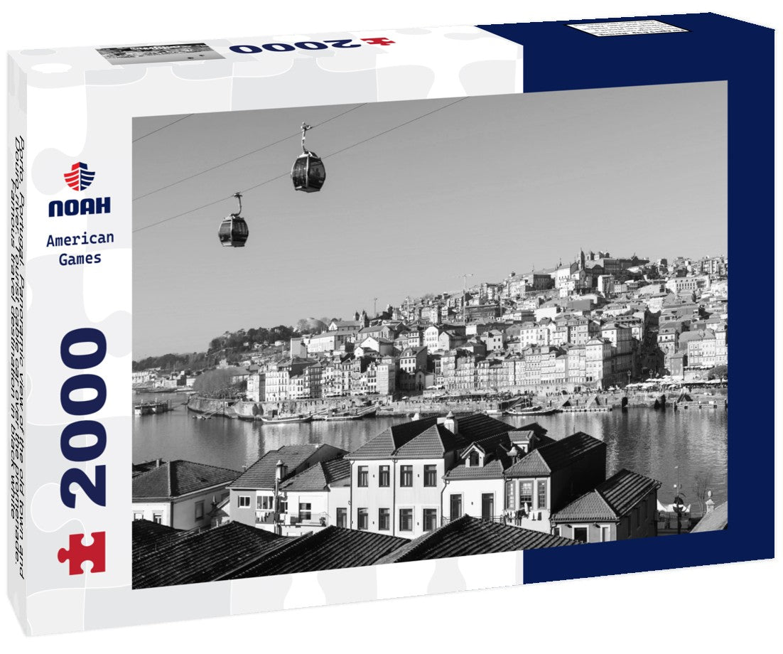 Noah Jigsaw Puzzle Porto, Portugal. Panoramic view of the old town and Douro river. Tourist cable car over the promenade. Famous travel destination in black white 2000 pieces