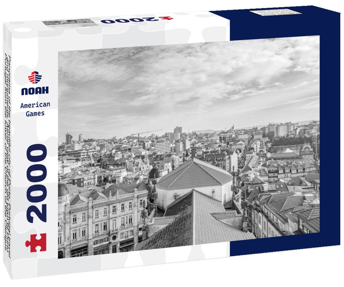 Noah Jigsaw Puzzle Panorama of the beautiful city of Porto, Portugal travel and monuments. Aerial view of the old town of Porto, Portugal from the tower of the Church of the Clerigos. Beside the Douro river in black white 2000 pieces