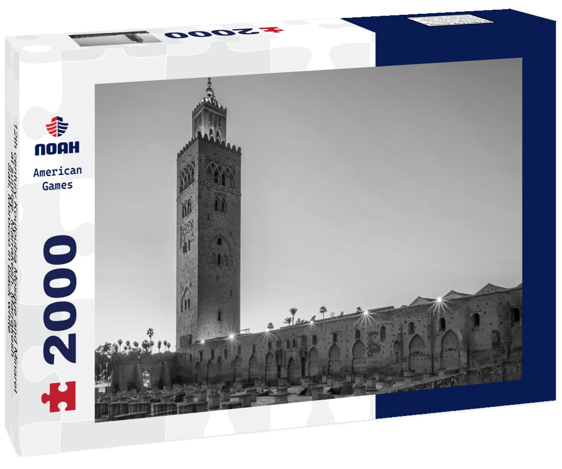 Noah Jigsaw Puzzle 12th century Koutoubia Mosque and Minaret, at sunrise. Marrakesh, Marrakesh-Safi, Morocco in black white 2000 pieces