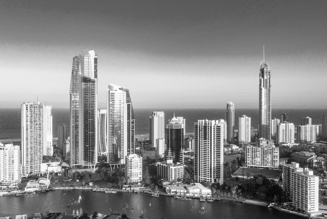 Noah Jigsaw Puzzle Modern skyscrapers near ocean. Travel recreation. Surfers Paradise, Gold Coast Queensland Australia in black white 2000 pieces
