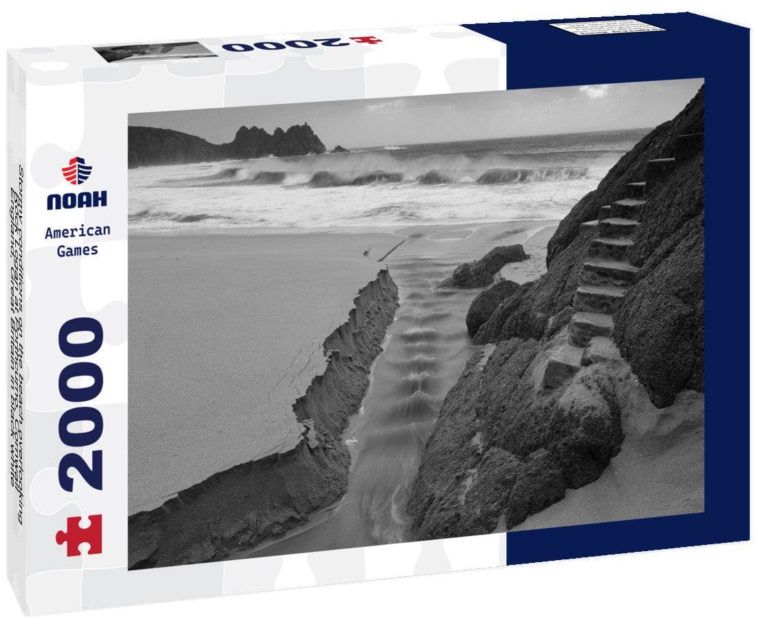 Noah Jigsaw Puzzle Stormy conditions on the beach overlooking Rock Logan at Porthcurno, Cornwall, England, Great Britain in black white 2000 pieces
