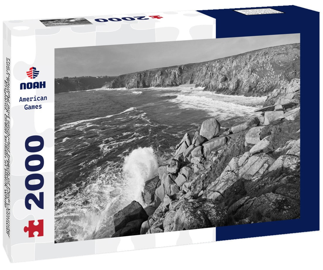 Noah Jigsaw Puzzle The beautiful and secluded beach of Pedn Vounder seen from Rock Logan, near Porthcurno, Cornwall, England, Great Britain in black white 2000 pieces