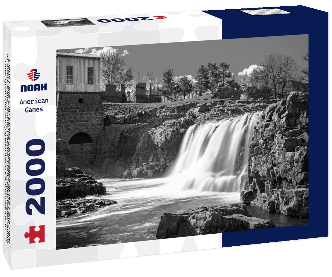 Noah Jigsaw Puzzle Sioux Falls City Spring Landscape at the Falls Park in Sioux Falls, South Dakota, USA, silky water falling over quartzite and pipestone rock formations in the Big Sioux River in black white 2000 pieces