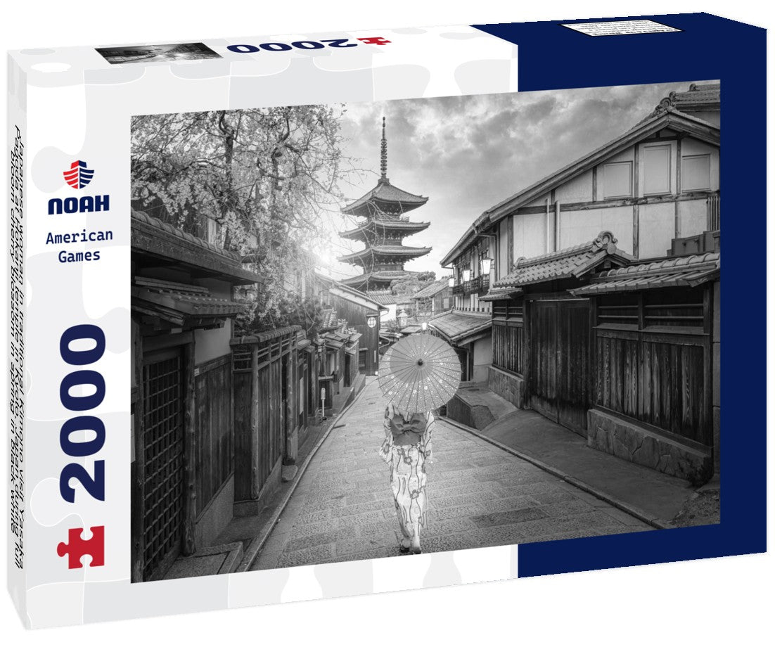 Noah Jigsaw Puzzle Japanese woman in traditional Kimono visit Yasaka Pagoda at Hokanji temple in Kyoto, Japan during full bloom cherry blossom in spring in black white 2000 pieces