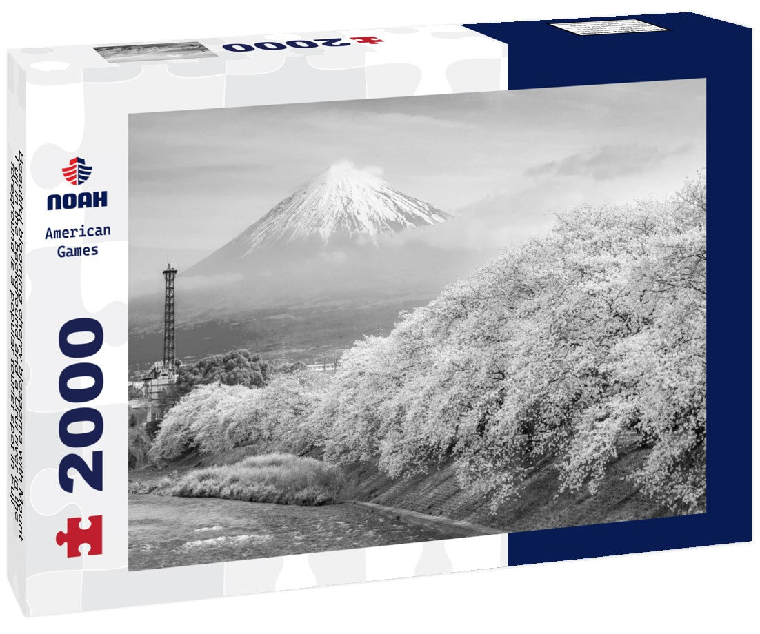 Noah Jigsaw Puzzle Beautiful blooming cherry blossoms with Mount Fuji in the background and a Urui river in the foreground is a popular tourist spot in Fuji City, Shizuoka Japan in black white 2000 pieces